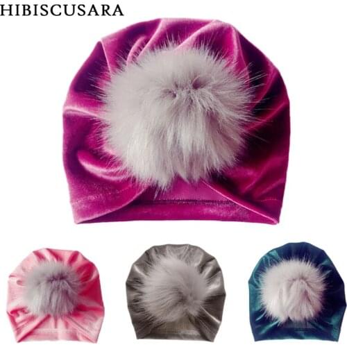 Velvet Baby Hat Faux Fur Pompom Toddler Girl Caps Kids Autumn Winter Turban Hat Xmas Festival Headwear Photo Props Accessories