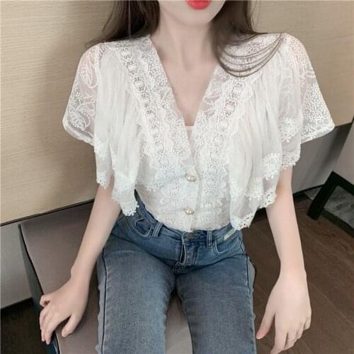 Blouse Top Chiffon Shirt Sexy Hollow Lace Short Sleeve V-Neck Women Tops Summer Style