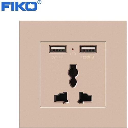 FIKO 13A Universal PC panel wall power socket with dual usb family hotel ,86mm*86mm white/Black/Gray/Gold/Champagne gold