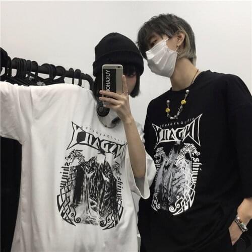 Harajuku Summer Dark Cartoon Print Loose Cotton Women T-Shirt Short Sleeve Oversize Top Streetwear Hip Hop Black Vintage Clothes