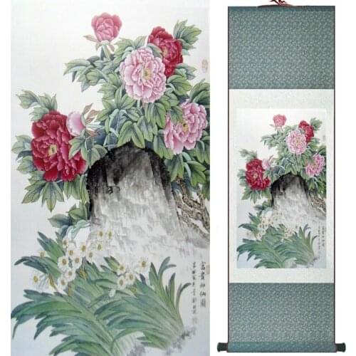 Peony Painting Home Office Decoration Chinese scroll painting birds painting peony and birds paintings LTW2017112319