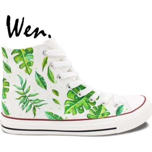 Wen Design Custom Men Womens Hand Painted White Flats Shoes Green Leaves High Top Canvas Sneakers for Birthday Gifts