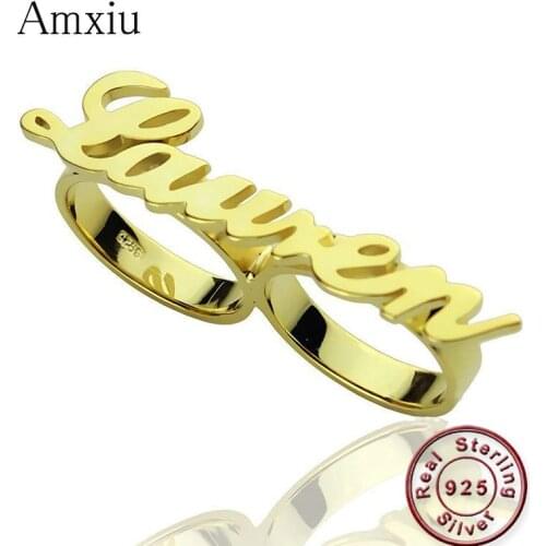 Amxiu Custom 925 Sterling Silver Large Size Two Finger Rings Engrave Name Ring Personalized Jewelry For Men Women Accessories