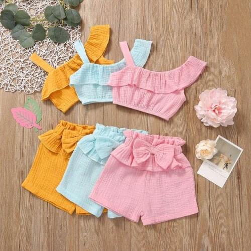 2021-04-12 Lioraitiin 1-4Years Toddler Girls 2Pcs Clothes Set Solid Color Off-the-shoulder Sleeveless Tops and Shorts