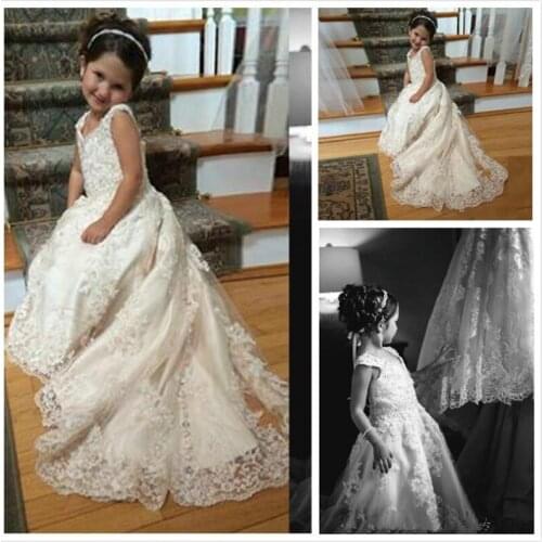 Princess Lace Flower Girls Dresses For Weddings Spaghetti Lace Appliques Tulle Satin Girls Pageant Dresses For Little Girls
