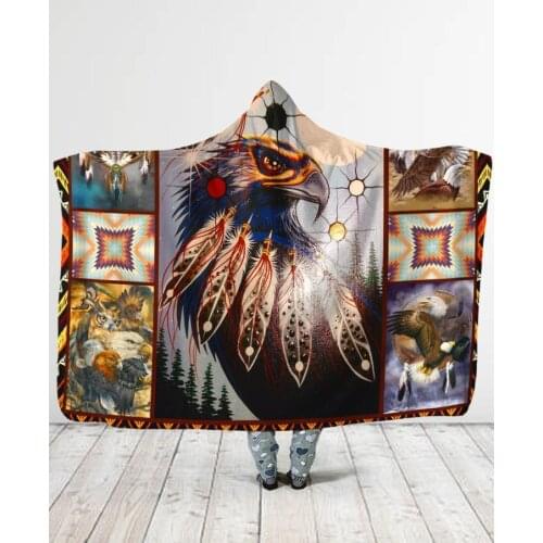 Plstar Cosmos Birds Feather/Native/Buffalo Head Motifs Hooded Blanket 3D full print Wearable Blanket Adults men women style-9