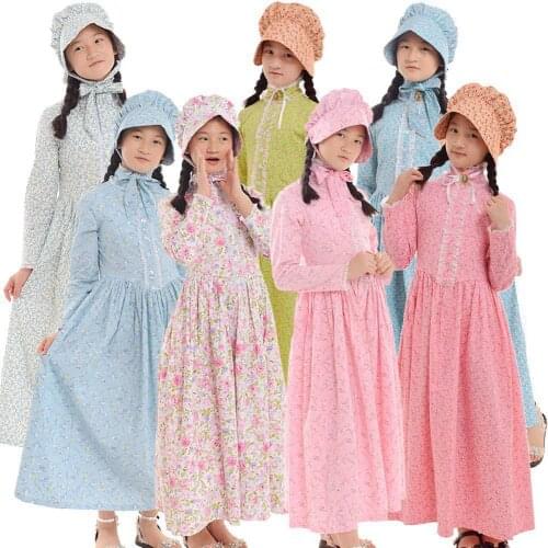 Reenactment Colonial Girls Dresses 19ths Prairie Pioneer Pilgrim Costume