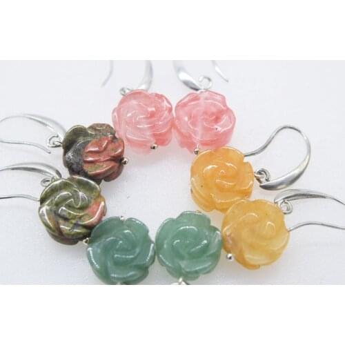 One pair carved flower green/yellow jade/watermelon quartz/unakite 14mm hook earrings wholesale beads FPPJ nature 45mm