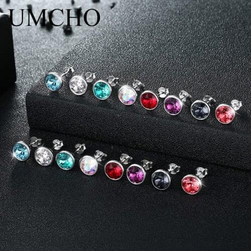 UMCHO 1PCS Solid 925 Sterling Silver Created Crystal Round Stud Earrings Set for Women Girl Party Wedding Daily Jewelry Gift