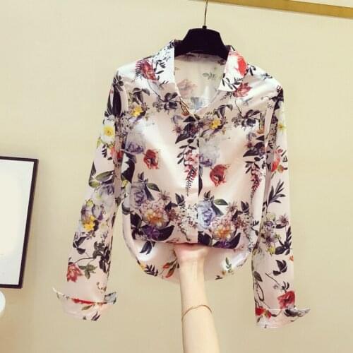Printed Chiffon Women Shirts Summer New Turn-Down Collar 2021 Long-Sleeved Loose Vintage Elegant Office Lady Outwear Tops