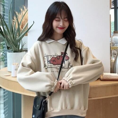 Polo clothes female spring and autumn loose college Harajuku style plus velvet thickening hoody fake two-piece hooded tide ins