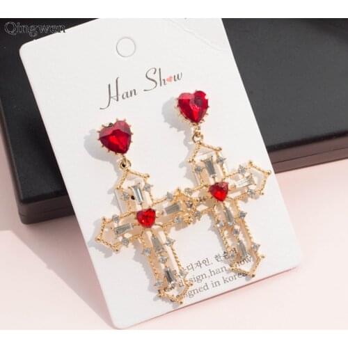 Qingwen New Baroque Style Statement Crystal Heart Cross Vintage Drop Earrings for Women Fashion Temperament Party Big Earring