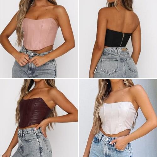 PU Leather Strapless Tube Top Womens Solid Color Off Shoulder Ribbed Irregular Hem Corset for Female
