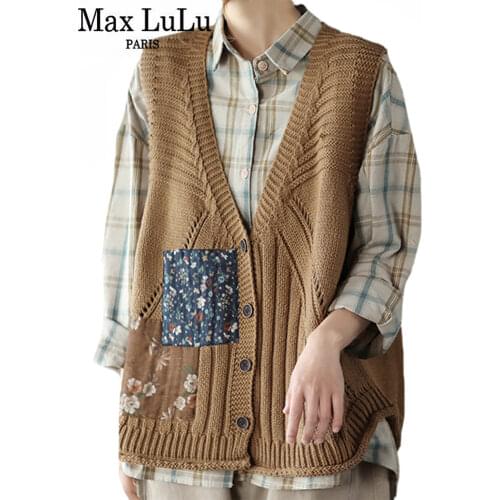 Max LuLu Spring British Luxury Fashion Womens Vintage Patchwork Cardigans Female Floral Sleeveless Sweaters Ladies Loose Clothes