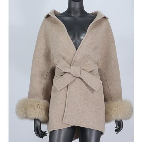 2021 New Real Fur Coat Winter Jacket Women Natural Fox Fur Cuffs Belt Cashmere Wool Woolen Loose Ladies Outerwear Streetwear