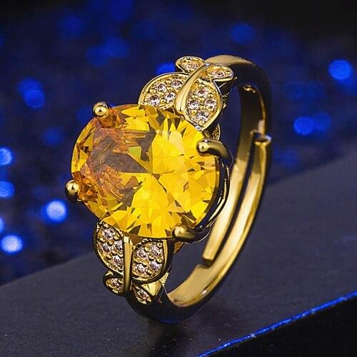 Fashion yellow crystal citrine gemstones zircon diamonds rings for women 14k gold color jewelry bijoux party accessories gifts