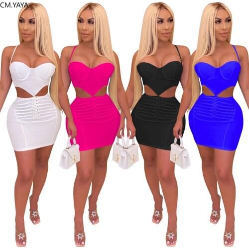 CM.YAYA Women Cut Out Spaghetti Strap Plunging V-neck Lace Up Bodycon Midi Mini Dress Sexy Club Night Party Open Back Dresses