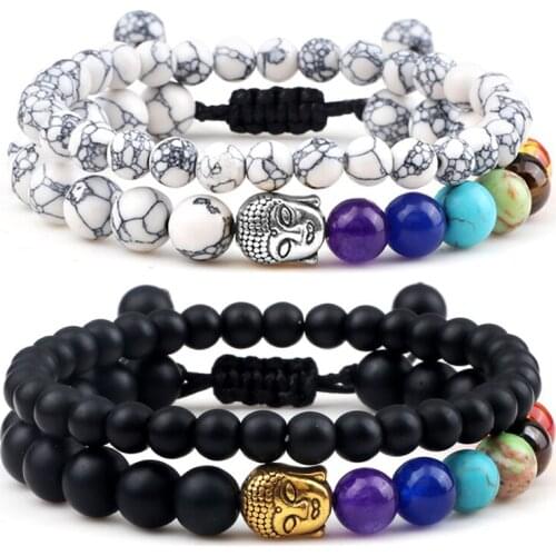 2PCS/Set Turquoises Mens 7 Chakras Buddha Reiki Bracelets&Bangles Lava Bracelet 6mm 8mm Natural Stone Healing Elastic Jewelry