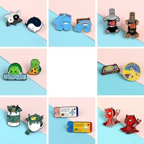 2pcs/set Pins Tortoise Flower Heart Ticket Demon Whale Enamel Metal Pins Brooches Badges Lapel Clothes Pins Women Jewelry Gifts