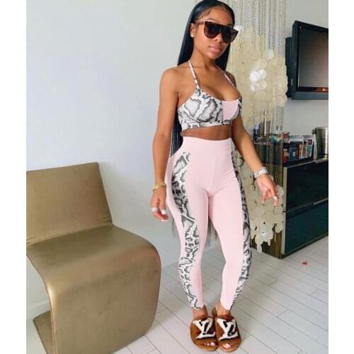 2021 Best Quality Fashion Design 2 pcs Women Set Patchwork Spaghetti Strap Short Tops Long Pants Beach Outfits