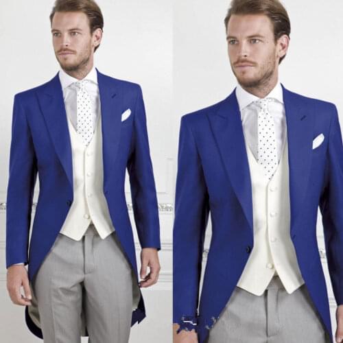2020 Custom Made Royal Blue Best Man Groomsman Mens Suits Prom 3 Piece Groom Tuxedos Bridal Tailcoats Groom Jacket Vest Pants