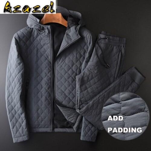 Azazel Winter Thick Mens Sets (Jacket+Pants) Luxury Hooded Solid Color Mens Jackets Plus Size 4xl Elastic Waist Slim Man Pants