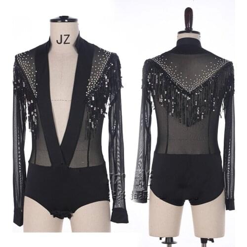 Shiny Rhinestone Latin Dance Top V-neck Men Dance Shirts Ballroom Latin Dancing Clothes Male Professional Competition Dancewear
