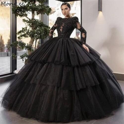 Black Prom Dresses Long Sleeves Ball Gown Tulle Lace Crystal Beaded Prom Dresses With Lace Up vestidos de fiesta de noche