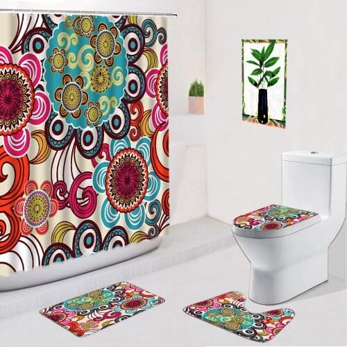 Color Mandala Flower Bathroom Set Shower Curtains Ethnic Style Floral Flannel Non-Slip Rug Bath Mats Toilet Cover Pad Doormat