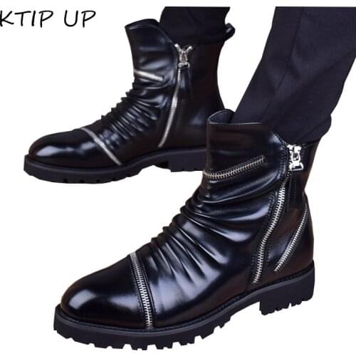 Spring Autumn Fashion Dress Boots for Men High Help Casual Leather Shoes Men Black Pointed Vintage Classic Zip Men Boots