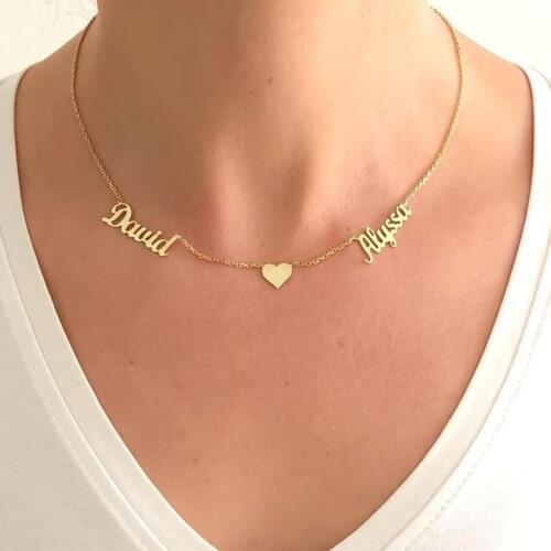 Custom Double Name Necklae With One heart For Lovers Personalized Gold Stainless Steel Two Name Nameplate Pendant Necklaces BFF
