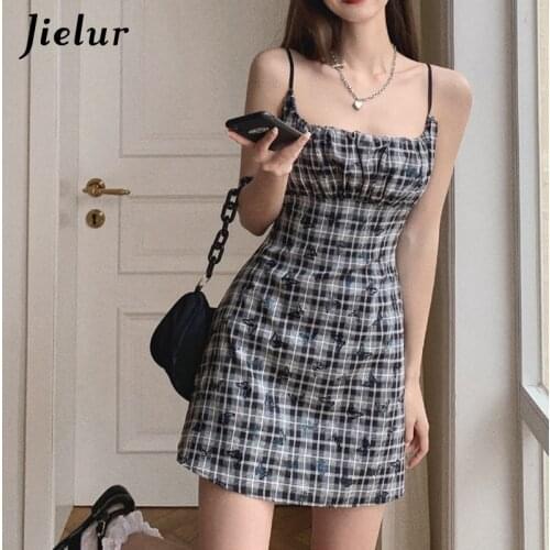 Jielur Retro Dark Gray Camisole Dress Women Plaid A-line High Waist Zipper Womens Dresses Butterfly Printing Dresses Female S-L