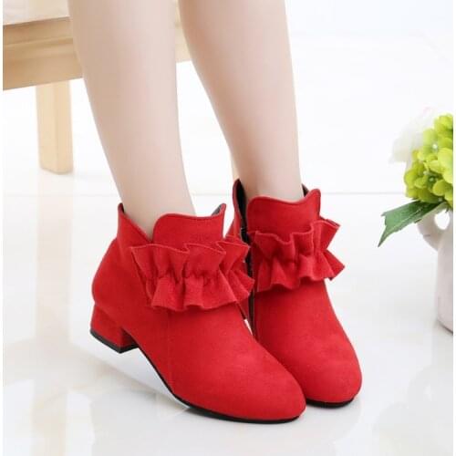 Fashion Girls Shoes Ankle Boots Warm Kids Shoes Autumn and Winter Childrens Shoes Girl Boots Princess High Heels Black Red Pink