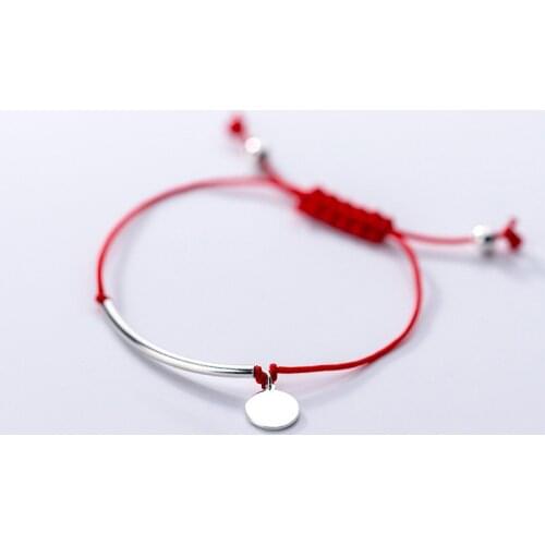 100% real. 925 Sterling silver Jewelry Red Cord with Lucky ROUND Coin &straight ARCH BAR chain with Chain Bracelet Handmade S774