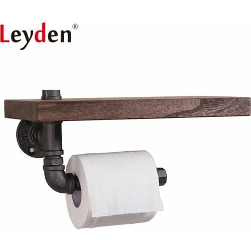 Leyden Iron Pipe Toilet Paper Holder Industrial Tissue Hanger With Shelf Wall Mounted Wooden Shelf Home Bathroom Decoration