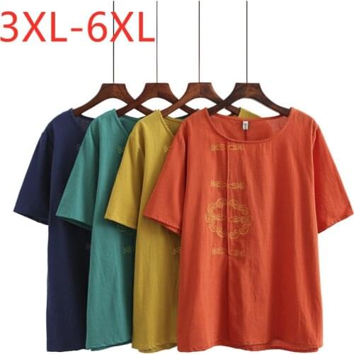 New 2021 Ladies Summer Plus Size Tops For Women Large Short Sleeve Loose Cotton Orange Yellow Embroidery T-Shirt 3XL 4XL 5XL 6XL