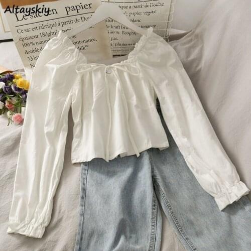 Solid Shirts Women Ruffles Square Collar Korean Style Chic Trendy Popular Leisure Elegant All-match Slim Spring Autumn Picnic