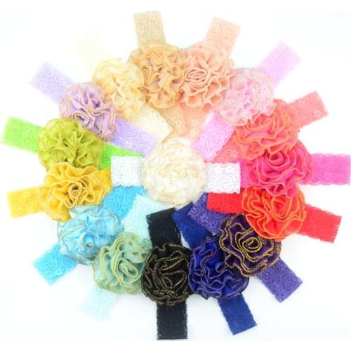 Wholesale 100pcs/lot U Pick Color Lace Elastic Headband with Overlocked Chiffon Flower Newborn Girl Hair Embellishment FD230