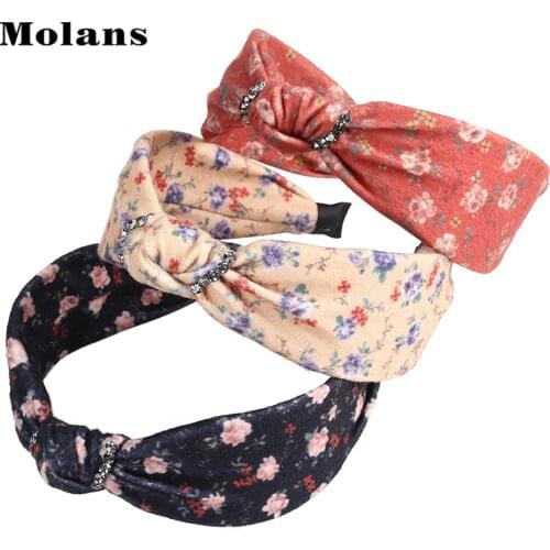 MOLANS Cotton Blend Rhinestone Headband Fashion Knotted Print Hair Bands Hoop Bezel Spring Everyday Head Band Hair Accessories