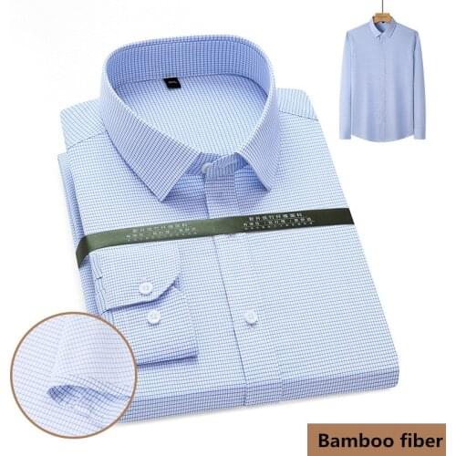 Bamboo Fiber No Pockets Plaid Striped Shirt Long Sleeve Shirt Men Non-iron Formal Work Shirt Casual Business Professional Shirt