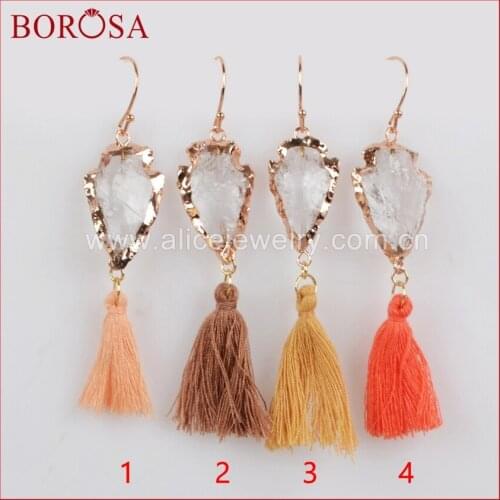 BOROSA Drop Earring Drusy Dangle Earrings, Rose Gold Color Natural Quartz Crystal Druzy Arrowhead Rainbow Tassel Earrings R1236