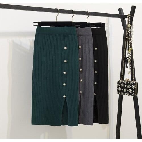 TingYiLi Autumn Knitted Skirt Button Front Slit Pencil Skirt Black Gray Green Korean Slim Fit Bodycon Knee Length Skirts Womens