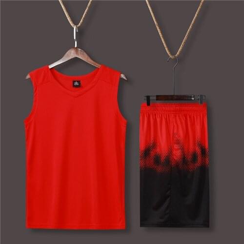 XBFX103 Comfortable Polyester Basketball Uniforms Sets V Neck Sporty Sleeveless Plain Style Tops With Net Pattern Pants For Men