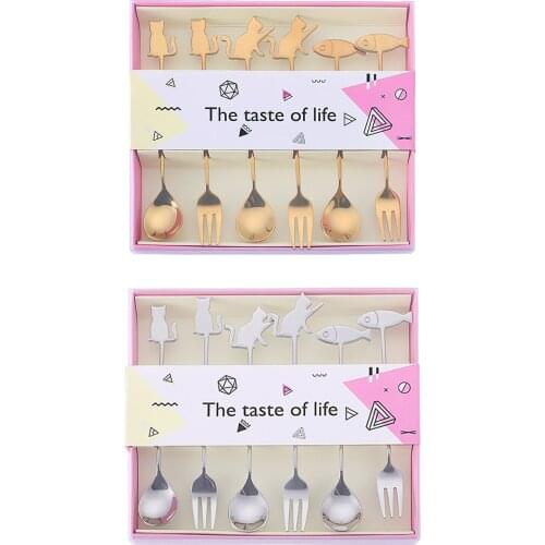 Japanese Fruit Tableware Spoon Set Cat Fish 304 Stainless Steel Fork Spoon Creative Tableware Fruit Fork Coffee Spoon 6pcs/set
