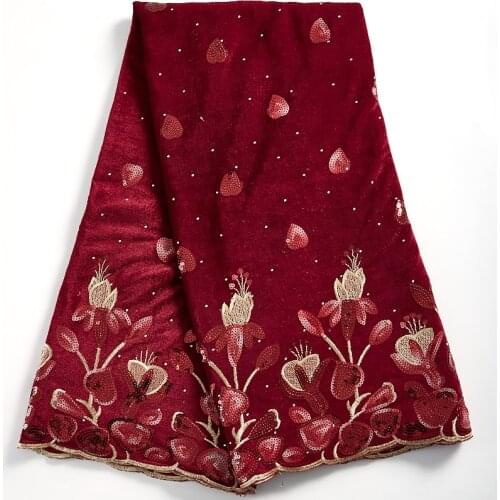 Zhenguiru Red Sequins Velvet Cloth African Lace Fabric Embroidery Flower Nigerian Fabric For Women Party And Wedding Dress A2014