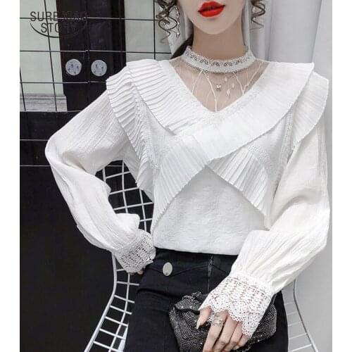 2021 Loose Gentle Tops Female Autumn Hollow Out Long Sleeve White Blouses Elegant Ruffle Mesh Stitching Women Shirts Women 16369