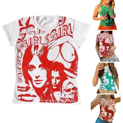 Women Short Sleeve/Sleeveless T-Shirt Harajuku Vintage Portrait Graphic Crop Top