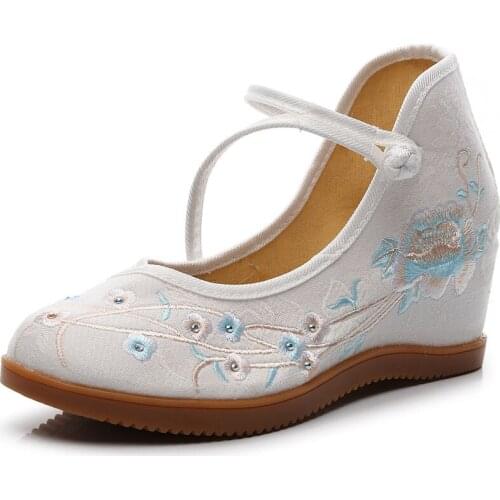 YourSeason Embroidery Ladies Canvas 7cm Hidden Platforms Shoes Ankle Strap Mid Top Retro Women Casual Comfortable Footwear