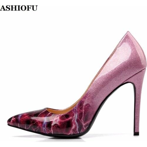 ASHIOFU Handmade New Style Womens High Heel Pumps Shinny Patent Leather Party Prom Shoes Slip-on Evening Fashion Court Shoes