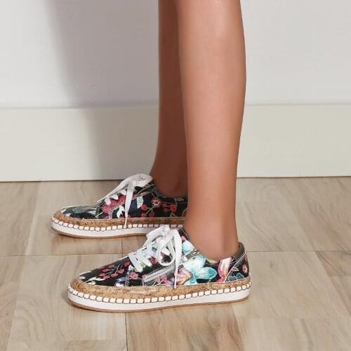 2021 Women Lace-up Flower Summer Vulcanized Female Fashion New Platform Round Toe Shoes Ladies Casual Comfort Zip Flat Big Size